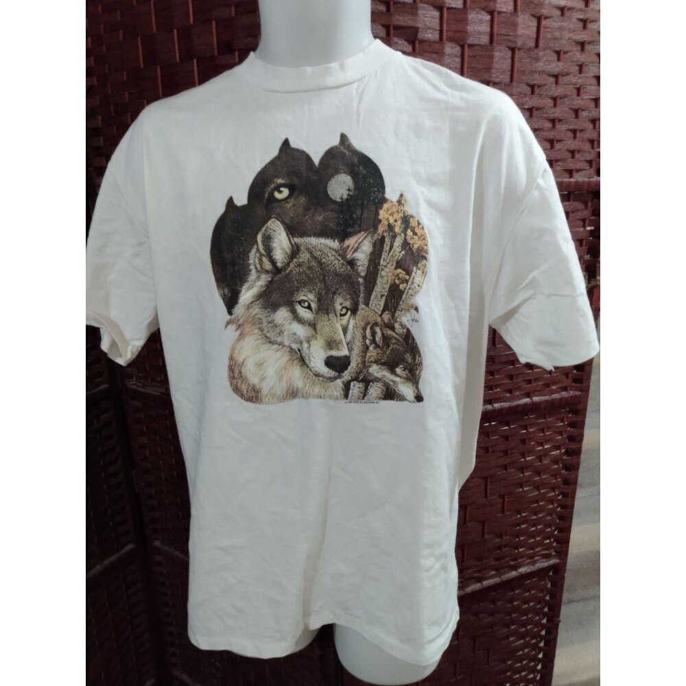Vintage 90s Wolf Print T Shirt Wolves Adult XL Nature Outdoors Single Stitch